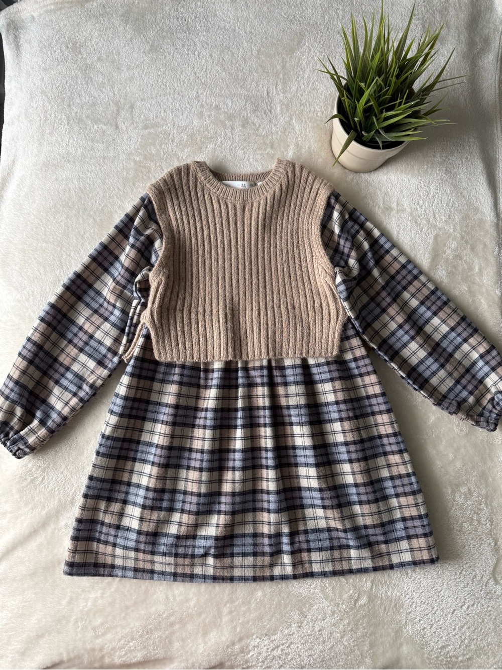 Zara Beige Knit Vest Plaid Dress with Navy and Cream Check